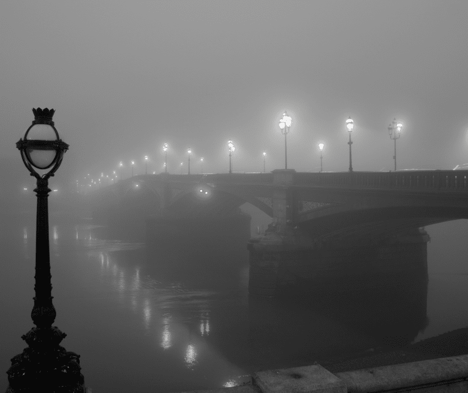 Battersea Bridge on a Foggy Night in London