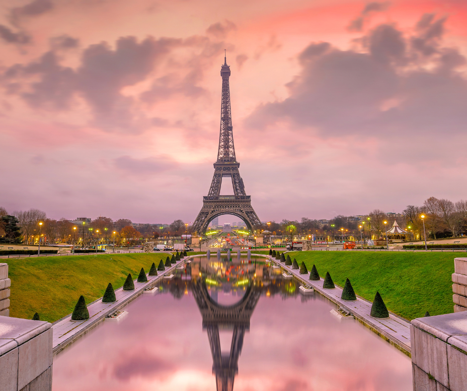 Eiffel Tower at sunrise from Trocadero Fountains in Paris