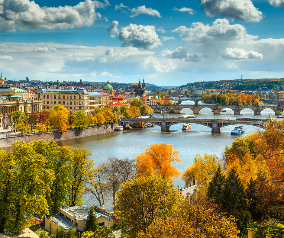 Wonderful autumn cityscape, Vltava river and old city center, Prague