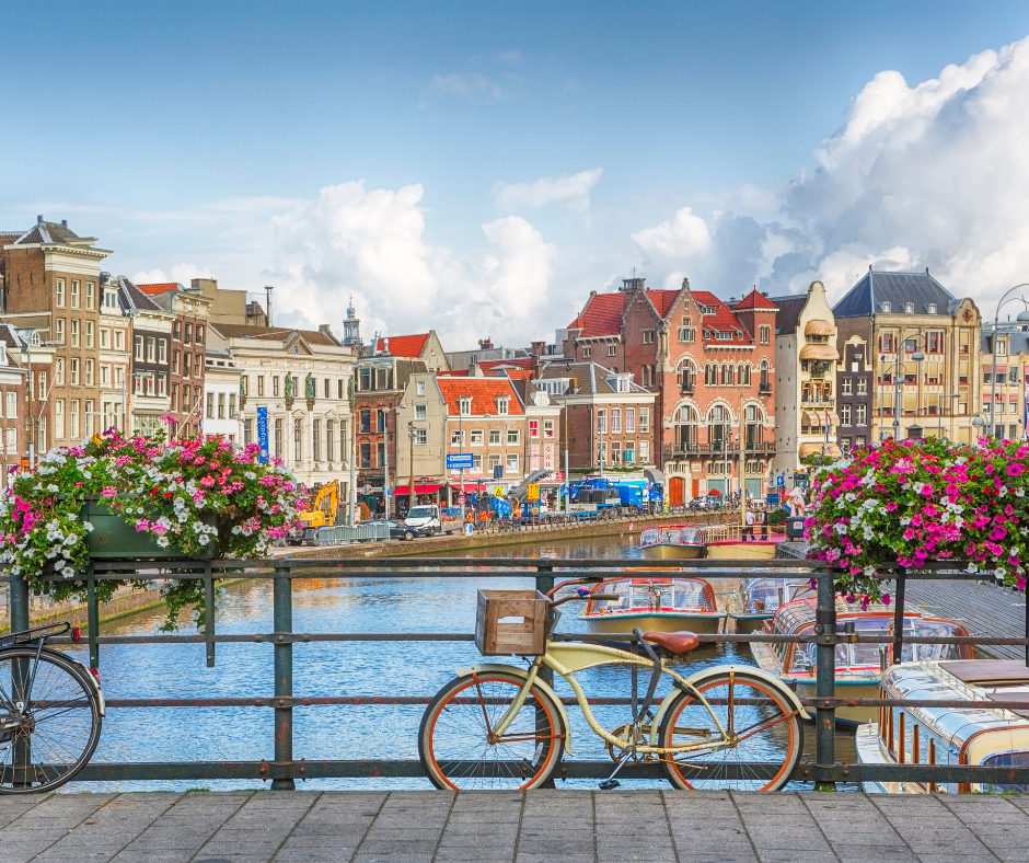 Bikes on bridge in Amsterdam, Netherlands